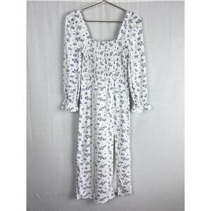 House of Harlow Dress Smocked White Floral Linen Midi Cottagecore Boho Sundress